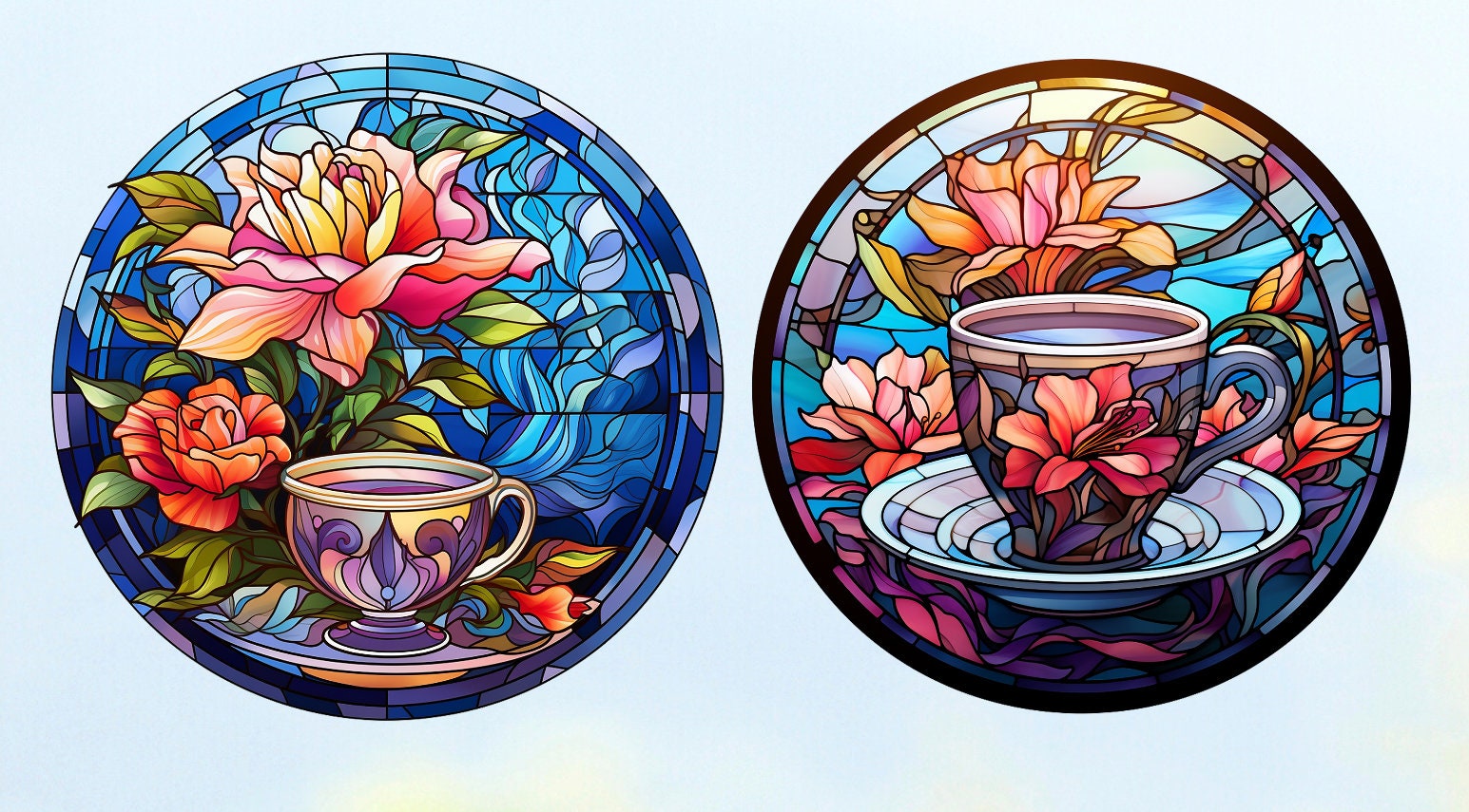 Teacup & Flowers Faux Stained Glass WINDOW CLING Suncatcher Size 8