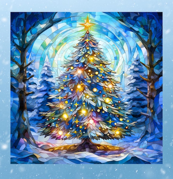 Blue Christmas Tree Faux Stained-Glass WINDOW CLING