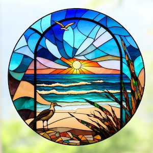 Ocean Beach Faux Stained Glass Deluxe WINDOW CLING ~ Beach at Sunset ~ Sun-catcher Size 8" Round Repositionable Vinyl