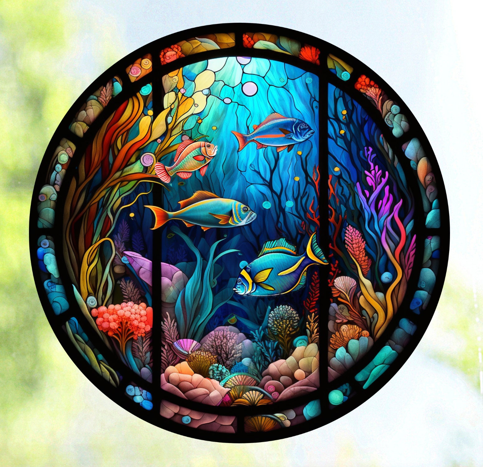 Faux Stained Glass Fish WINDOW CLING Colorful Sea Life image