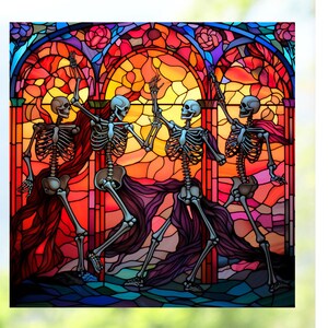 May include: Three skeletons dance in a stained glass window. The window is made of colorful glass pieces, with red, orange, yellow, green, blue, and purple hues. The skeletons are wearing flowing robes, and the window is set against a background of green foliage.