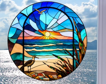 Ocean Beach WINDOW CLING ~ Faux Stained Glass ~ Sunset ~ Seagulls ~ Suncatcher Size 8" Round ~  Thick Glassy Deluxe Vinyl