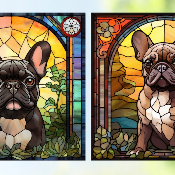 French Bulldog WINDOW CLING ~ Faux Stained Glass ~ Suncatcher Size 8" Six Designs ~ Brown, Tan or Black ~  Thick Glassy Deluxe Vinyl