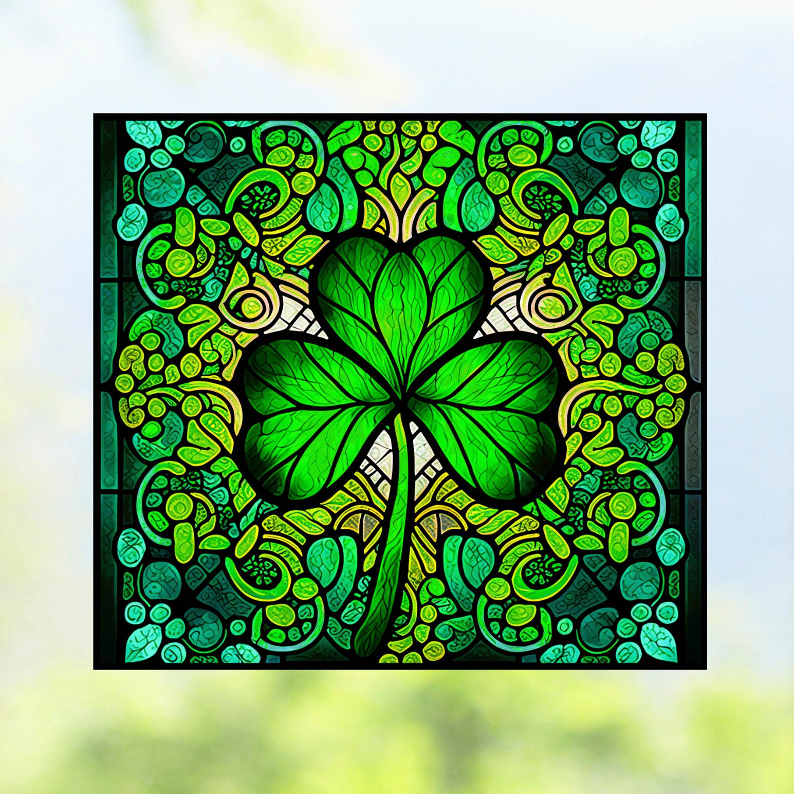 Irish Shamrock Faux Stained Glass Deluxe WINDOW CLING ~ Celtic ~ Suncatcher Size 9" Repositionable Vinyl