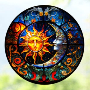 Sun Moon WINDOW CLING ~ Faux Stained Glass ~ Celestial ~ Stars ~ Suncatcher Size 8" Round ~  Thick Glassy Deluxe Vinyl