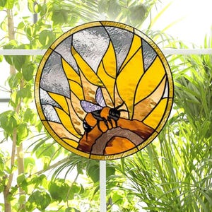 Bee & Sunflower Faux Stained-Glass Deluxe WINDOW CLING ~  Sun-catcher Size 8" Round ~ Repositionable Vinyl