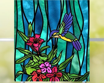 Hummingbird WINDOW CLING ~ Faux Stained Glass ~ Flowers ~ Suncatcher Size 8.5"  Thick Glassy Deluxe Vinyl
