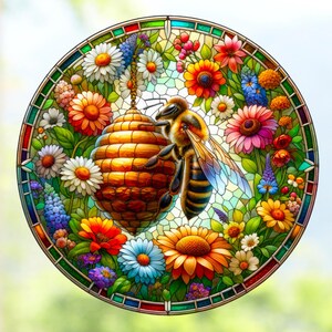 Bee Faux Stained-Glass Deluxe WINDOW CLING ~ Bumble Bee, Flowers & Hive ~ Sun-catcher Size 8" Round ~ Repositionable Vinyl