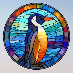 Pinguïn nep-gebrandschilderd glas Deluxe RAAMKLEMMEN ~ Zonnevanger maat 8&quot; rond ~ verplaatsbaar vinyl