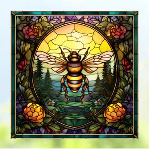 Bee Faux Stained Glass WINDOW CLING ~ Suncatcher Size 8" Four Designs ~ Repositionable Vinyl