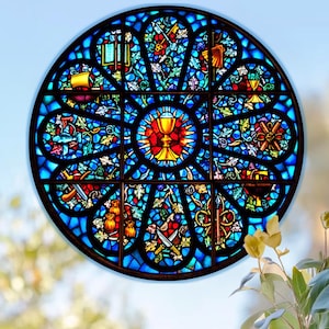 聖母マリアのステンドグラス風窓用ステッカー 光沢あり、半透明、両面