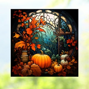 Fall Leaves & Pumpkins WINDOW CLING ~ Faux Stained Glass ~ Size 8"  Thick Glassy Deluxe Vinyl