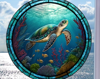 Faux Stained Glass Sea Turtle WINDOW CLING ~ Colorful Sea Life ~ Suncatcher Size 8" Round ~  Thick Glassy Deluxe Vinyl