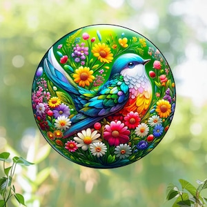 Pretty Bird & Daisy Flowers WINDOW CLING Glossy, Translucent, Double-Sided