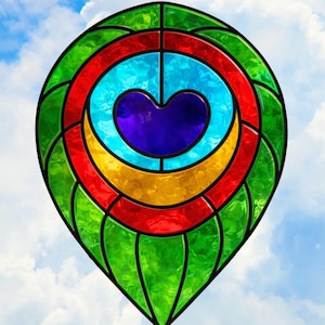 Puede incluir: Un diseño de vidriera en forma de lágrima, con un corazón en el centro. El diseño incorpora una paleta de colores vibrantes, incluyendo verde, rojo, azul, amarillo y morado, sobre un fondo de cielo nublado.