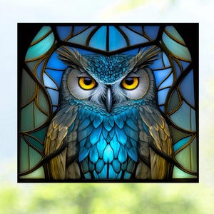 Blue Owl Deluxe WINDOW CLING ~ Faux Stained Glass ~ Sun-catcher Size 9.2&quot; Repositionable Vinyl