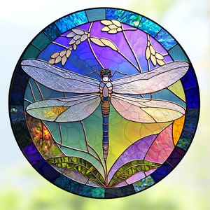 Dragonfly WINDOW CLING ~ Faux Stained Glass ~ Round ~ Suncatcher Size 8"  Thick Glassy Deluxe Vinyl