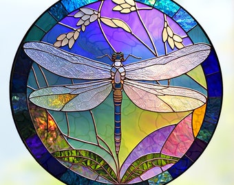 Dragonfly WINDOW CLING ~ Faux Stained Glass ~ Round ~ Suncatcher Size 8"  Thick Glassy Deluxe Vinyl