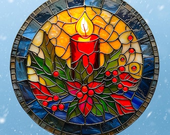 Christmas Candle & Holly WINDOW CLING Faux Stained-Glass Glassy Deluxe, 2-Sided Color