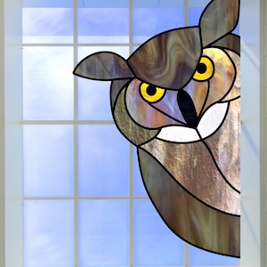 Peeking Horned Owl Faux Stained Glass Deluxe WINDOW CLING ~ Window Sun-catcher  Size 10.6&quot; Repositionable Vinyl