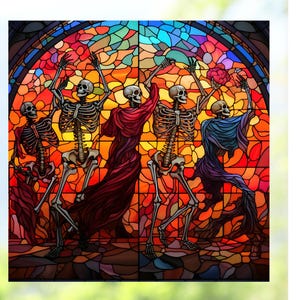 May include: A stained glass window depicting four skeletons dancing in a colorful, abstract setting. The skeletons are dressed in robes and have a joyful expression.