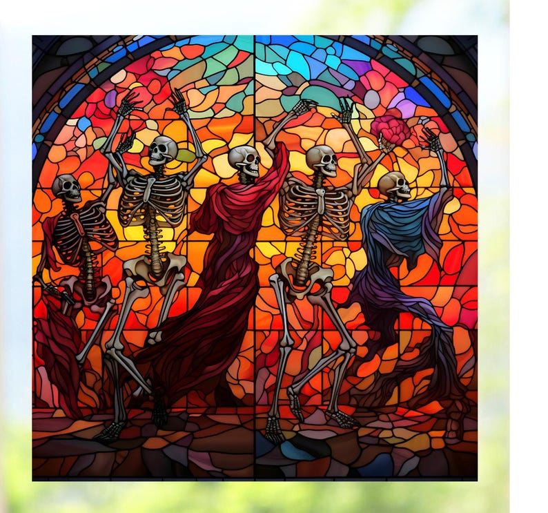 May include: A stained glass window depicting four skeletons dancing in a colorful, abstract setting. The skeletons are dressed in robes and have a joyful expression.