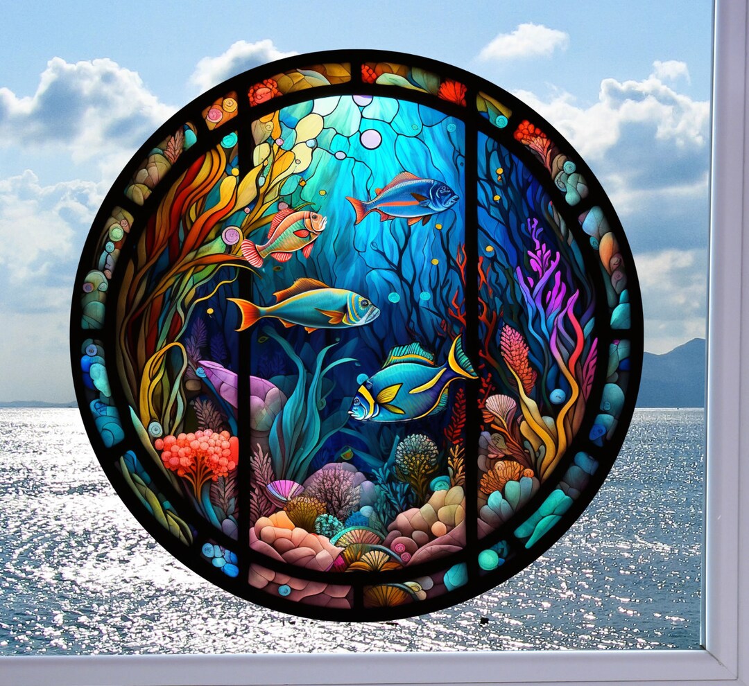 Faux Stained Glass Fish WINDOW CLING Colorful Sea Life Suncatcher Size