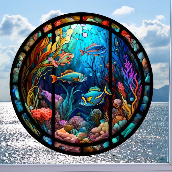 Faux Stained Glass Fish WINDOW CLING ~ Colorful Sea Life ~ Suncatcher Size 8" Round ~  Thick Glassy Deluxe Vinyl