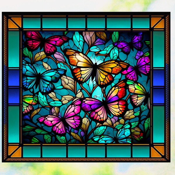 Faux Stained Glass Butterflies WINDOW CLING ~ Suncatcher Size 9"  Thick Glassy Deluxe Vinyl