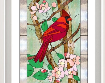 Cardinal WINDOW CLING ~ Faux Stained Glass ~ Red Bird in Tree ~ Suncatcher Size 10.6"  Thick Glassy Deluxe Vinyl