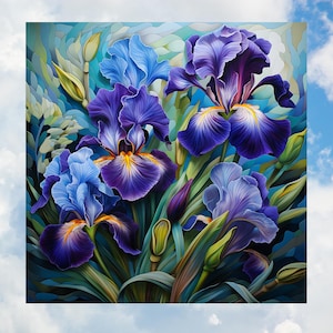 May include: A close-up of a bouquet of purple and blue irises with green leaves. The flowers are in full bloom and have a delicate, intricate pattern.