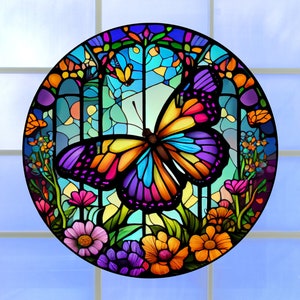 Faux Stained Glass Butterfly WINDOW CLING Size 8 Suncatcher Round Thick Glassy Deluxe Vinyl image 6