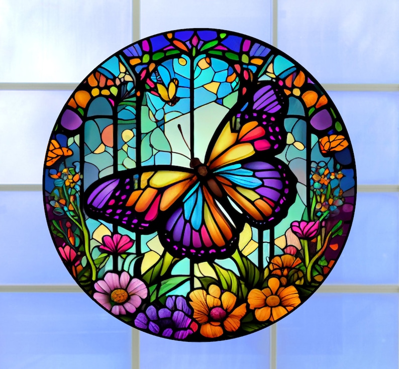 Faux Stained Glass Butterfly WINDOW CLING Size 8 Suncatcher Round Thick Glassy Deluxe Vinyl image 6
