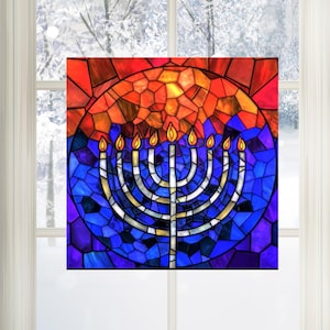 Hanukkah Menorah  WINDOW CLING ~ Faux Stained Glass ~ Jewish Holiday ~ Sun-catcher Size 8&quot; or 9.8&quot; Repositionable Vinyl