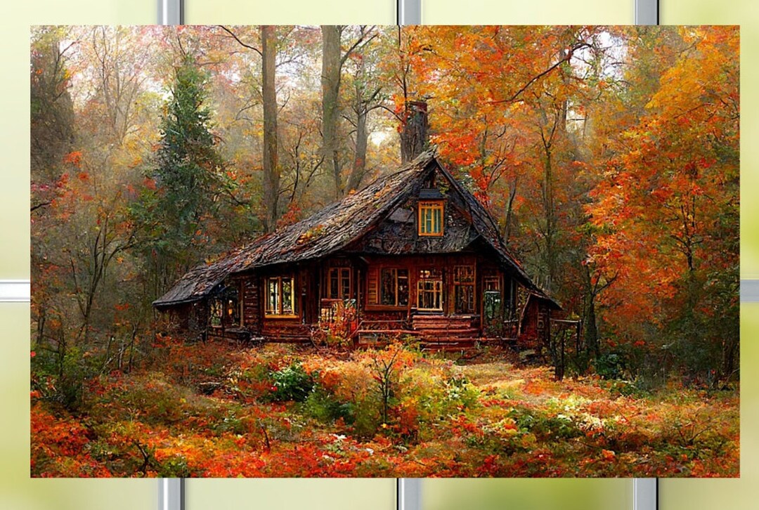 Fall Cabin WINDOW CLING Autumn Leaves Rustic Log Cabin in the Woods Nature Suncatcher Size 10.6