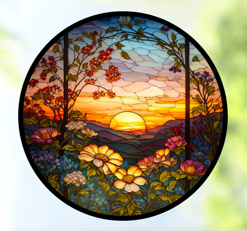 Sunset & Flowers Faux Stained Glass WINDOW CLING Suncatcher Size 8 Round Thick Glassy Deluxe Vinyl image 10