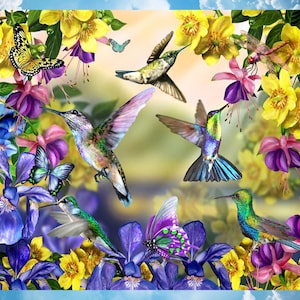 Hummingbirds & Flowers Faux Stained Glass  WINDOW CLING Size 9.2&quot; Repositionable Vinyl