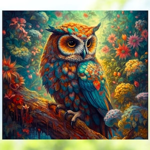 Horned Owl & Flowers Deluxe WINDOW CLING ~ Sun-catcher Size 9.1&quot; Repositionable Vinyl