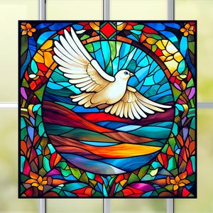 Holy Spirit Dove Window Cling: Faux Stained Glass Sun-catcher (8&quot; Vinyl Square)
