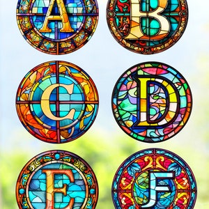 Initial ~ Monogram Faux Stained Glass ~ WINDOW CLING ~ Size 8" Round ~ Personalized A-Z ~  Thick Glassy Deluxe Vinyl