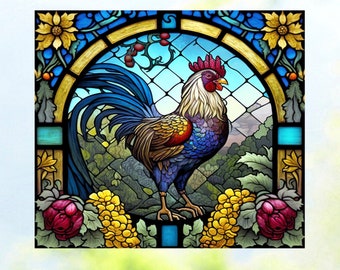 Rooster Faux Stained Glass WINDOW CLING ~ Suncatcher Size 9" ~  Thick Glassy Deluxe Vinyl