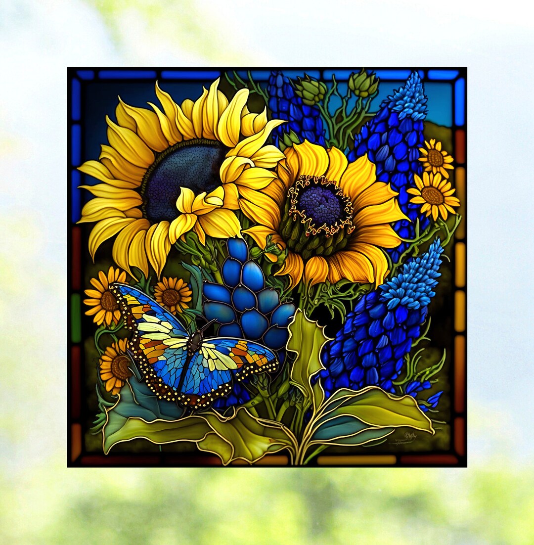Texas Blue Sunflowers WINDOW CLING Suncatcher Faux Stained