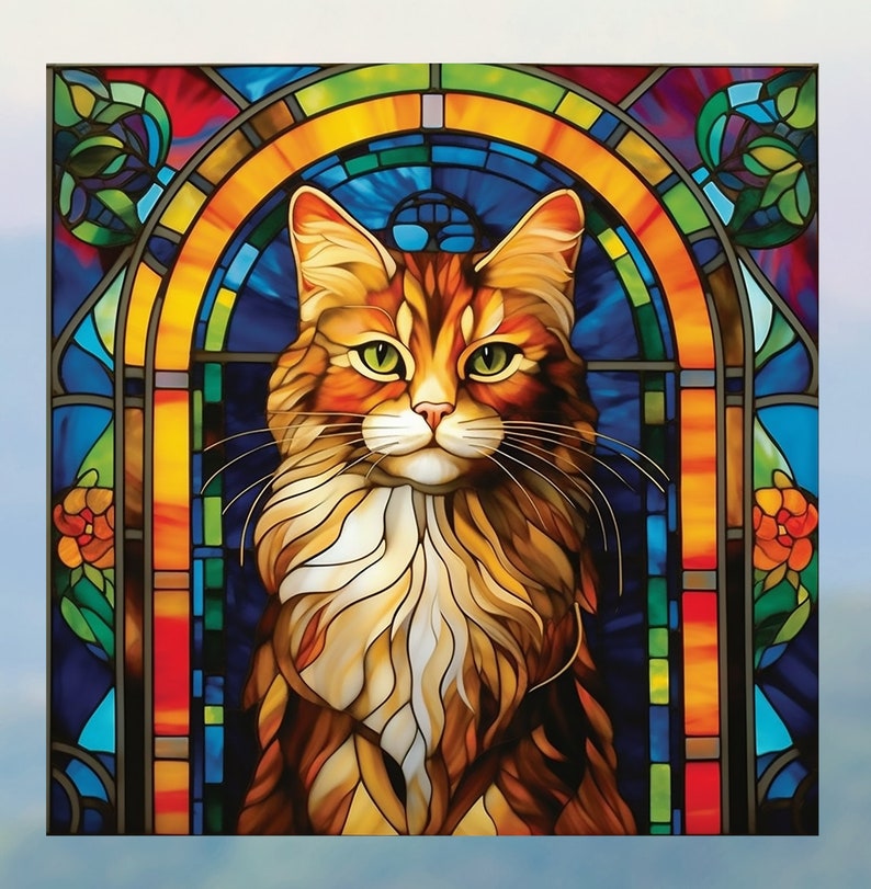 Cat Faux Stained Glass WINDOW CLING Orange Tabby Suncatcher 3 Designs Size 8 Square Thick Glassy Deluxe Vinyl image 5