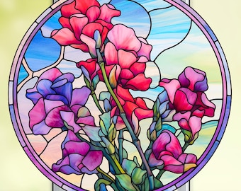Sweet Pea Flowers Faux Stained Glass Window Cling - 8&quot; Round Vinyl