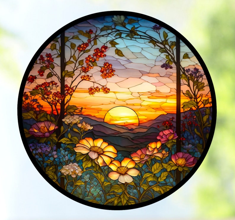 Sunset & Flowers Faux Stained Glass WINDOW CLING Suncatcher Size 8 Round Thick Glassy Deluxe Vinyl image 2