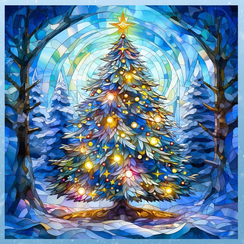 May include: A stained glass style illustration of a Christmas tree centered in a winter forest. The tree features glowing yellow lights and star-shaped ornaments, set against a backdrop of blue and white glass shards forming trees and snow.
