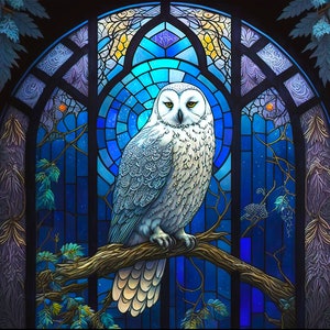 Snowy Owl WINDOW CLING ~ Faux Stained Glass ~ Suncatcher Size 9.1"  Thick Glassy Deluxe Vinyl