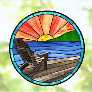 Sunset on Water ~ Faux Stained Glass WINDOW CLING ~ Dock ~ Suncatcher Size 8" Round ~  Thick Glassy Deluxe Vinyl