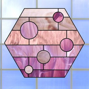 Hexagon ~ Faux Stained Glass Deluxe WINDOW CLING ~ Pink ~ Sun-catcher Size 9.3&quot; Repositionable Vinyl