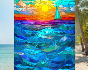 Sailboat on Ocean Faux Stained-Glass WINDOW CLING
